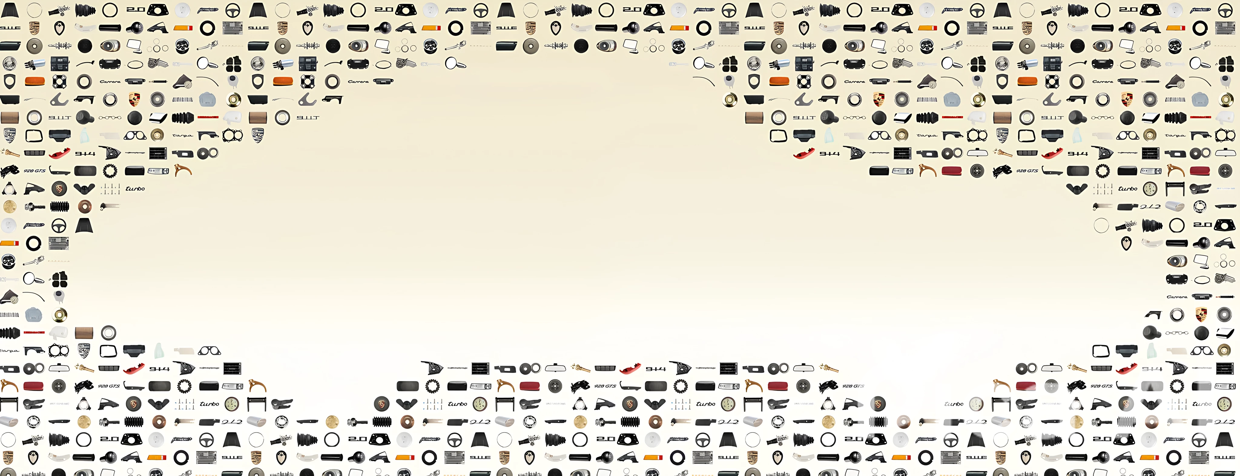 Viele Porsche Originalteile auf hellem Hintergrund formen die ikonische Silhouette des Porsche 911.